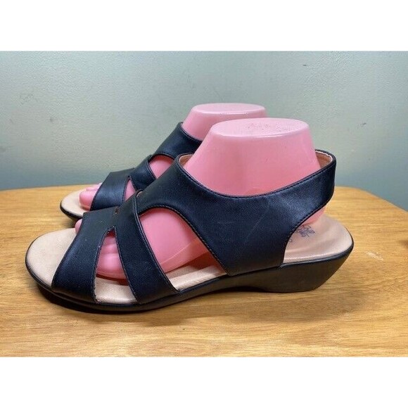 Ball-Band Quinn-37 Women Sz 10 Black Leather Wedge Sandals Vacation Beach Travel - Picture 3 of 12